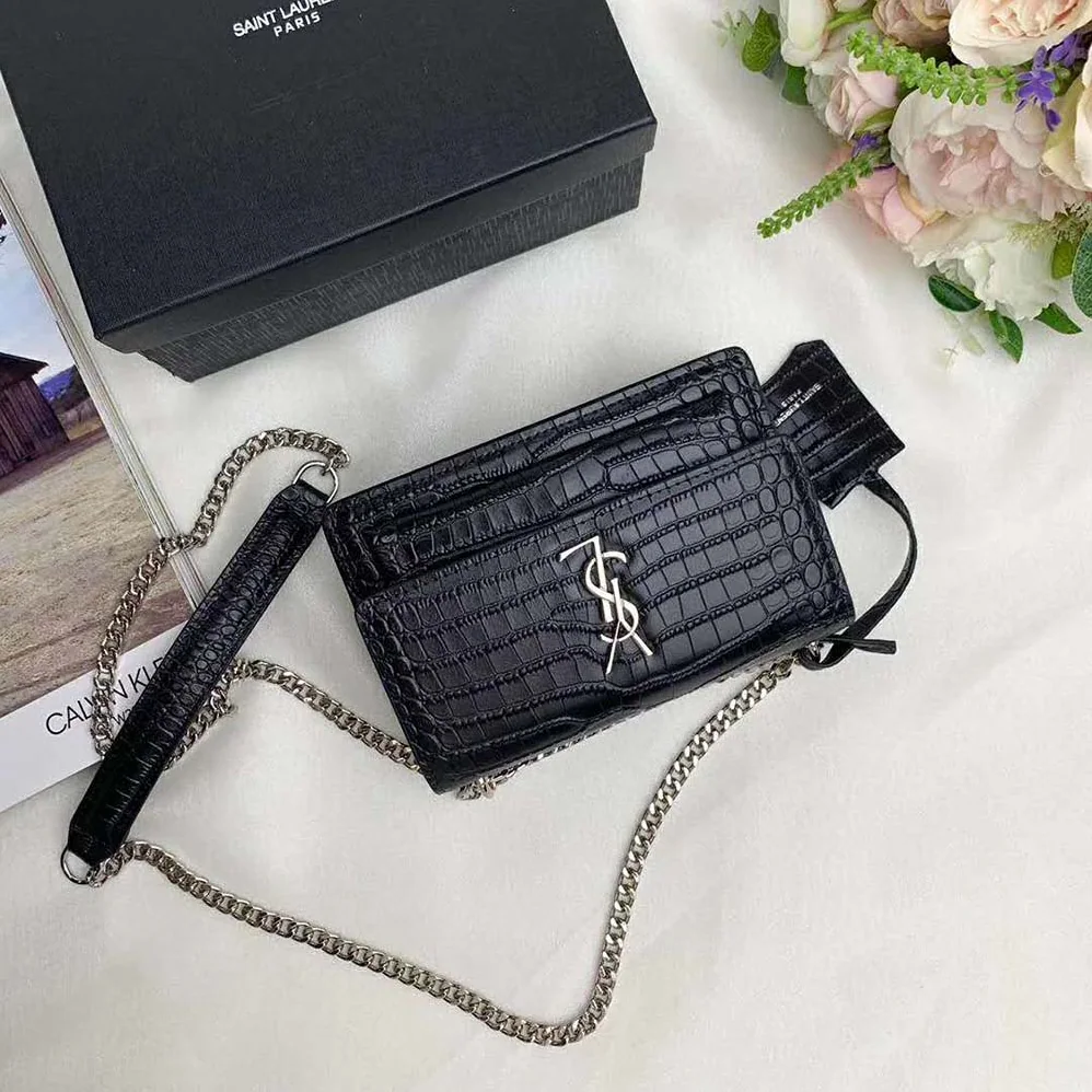 Saint Laurent YSL Sunset Medium Crocodile Embossed Shiny for Women in Black