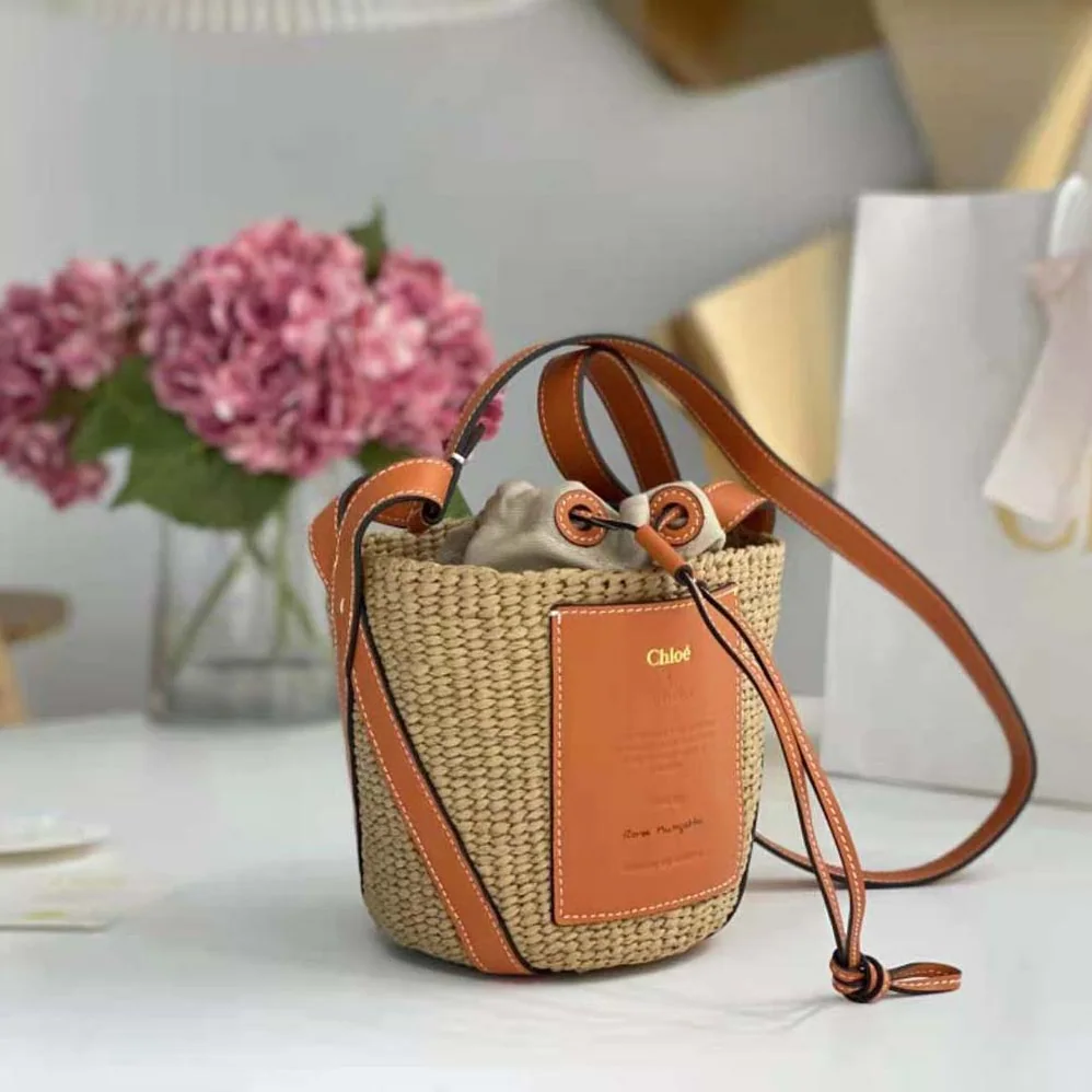 Chloe Small Basket in Fair-Trade Paper and Shiny Calfskin for Women in Orange