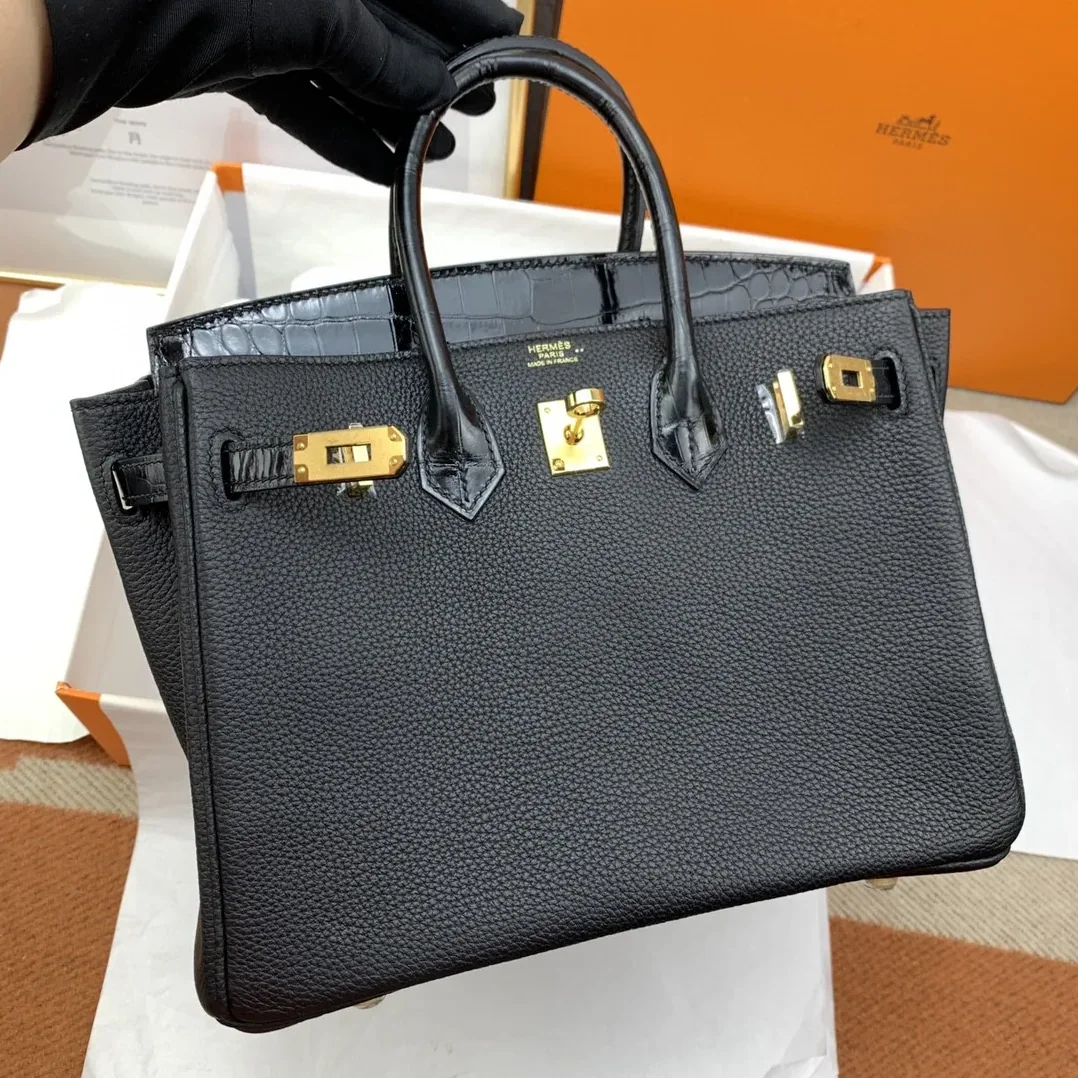 Hermes Birkin Top Handle Bag / Nata Togo Leather Black Gold Hardware