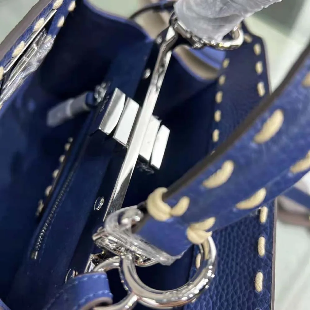 Fendi Peekaboo Iconic Mini Full Grain Leather Bag for Women in Navy