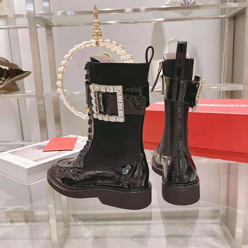 Roger Vivier Viv' Rangers Strass Buckle Boots in Fabrics for Women in Black Roger Vivier Viv' Rangers Strass Buckle Boots in Fabrics for Women in Black