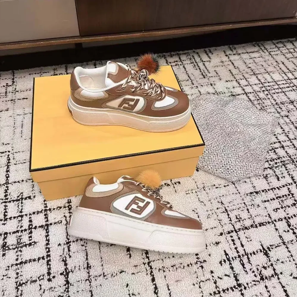 Fendi Match Brown Leather Platform Low for Women in Tops With Charm