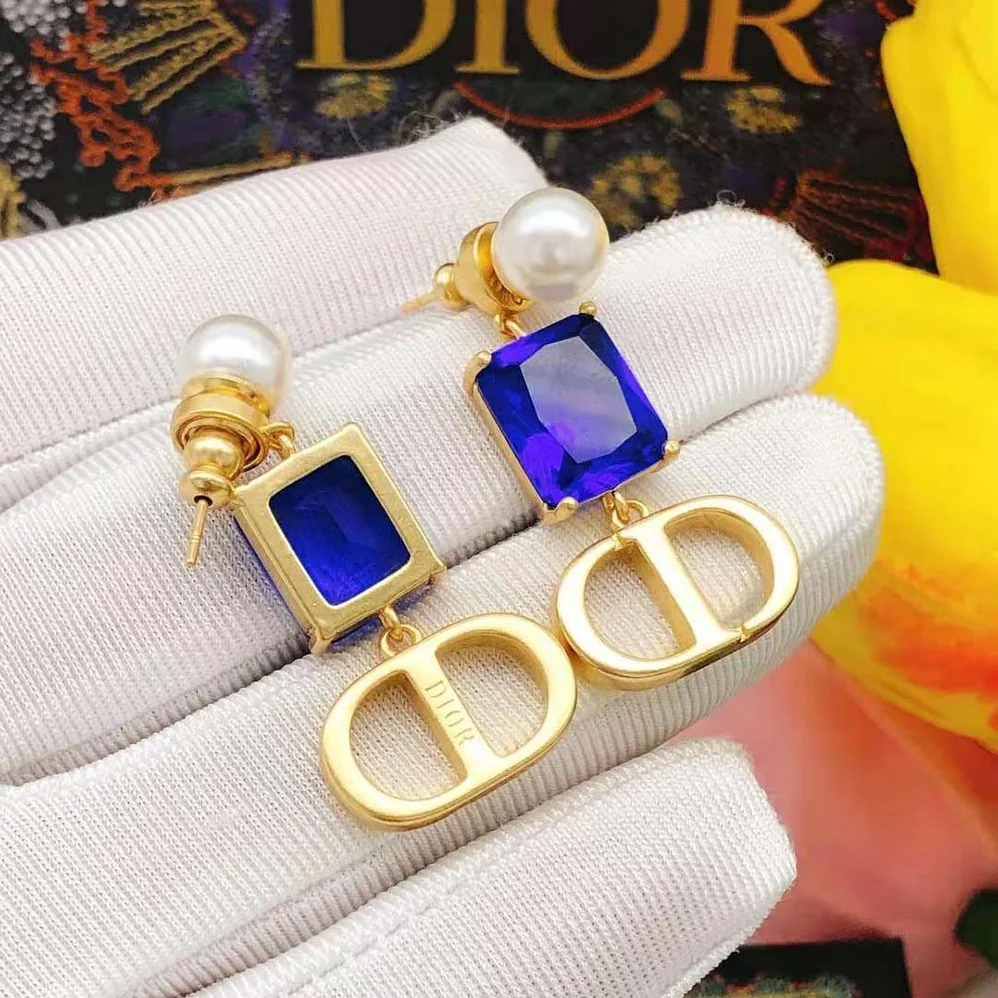 Dior Petit CD Earrings Gold-Finish Metal with White Resin Pearls and Fluorescent Blue Crystals for Women