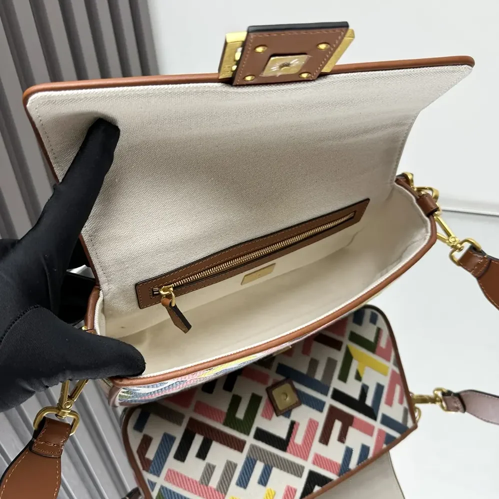 Fendi Baguette Canvas Bag with Multicolor FF Embroidery for Women