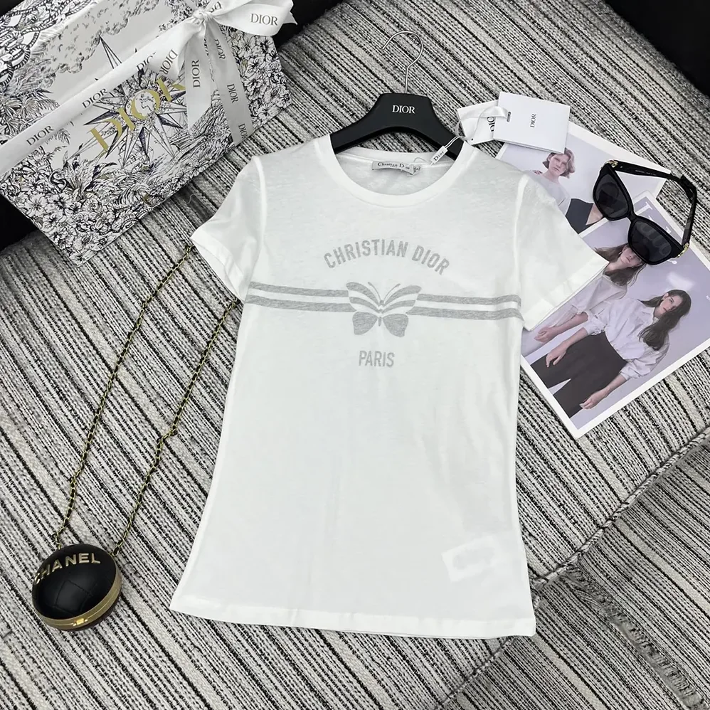 Dior T-Shirt White Cotton and Linen Jersey with Gray Christian Dior Papillon Motif for Women