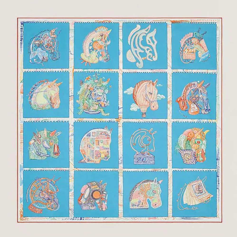 Hermes Chevaloscope Scarf 90 in Silk Twill with Hand-Rolled Edges for Women in Blue Hermes Chevaloscope Scarf 90 in Silk Twill with Hand-Rolled Edges for Women in Blue