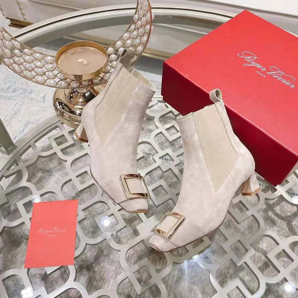Roger Vivier Trompette Metal Buckle Chelsea Booties in Suede for Women in Beige Roger Vivier Trompette Metal Buckle Chelsea Booties in Suede for Women in Beige
