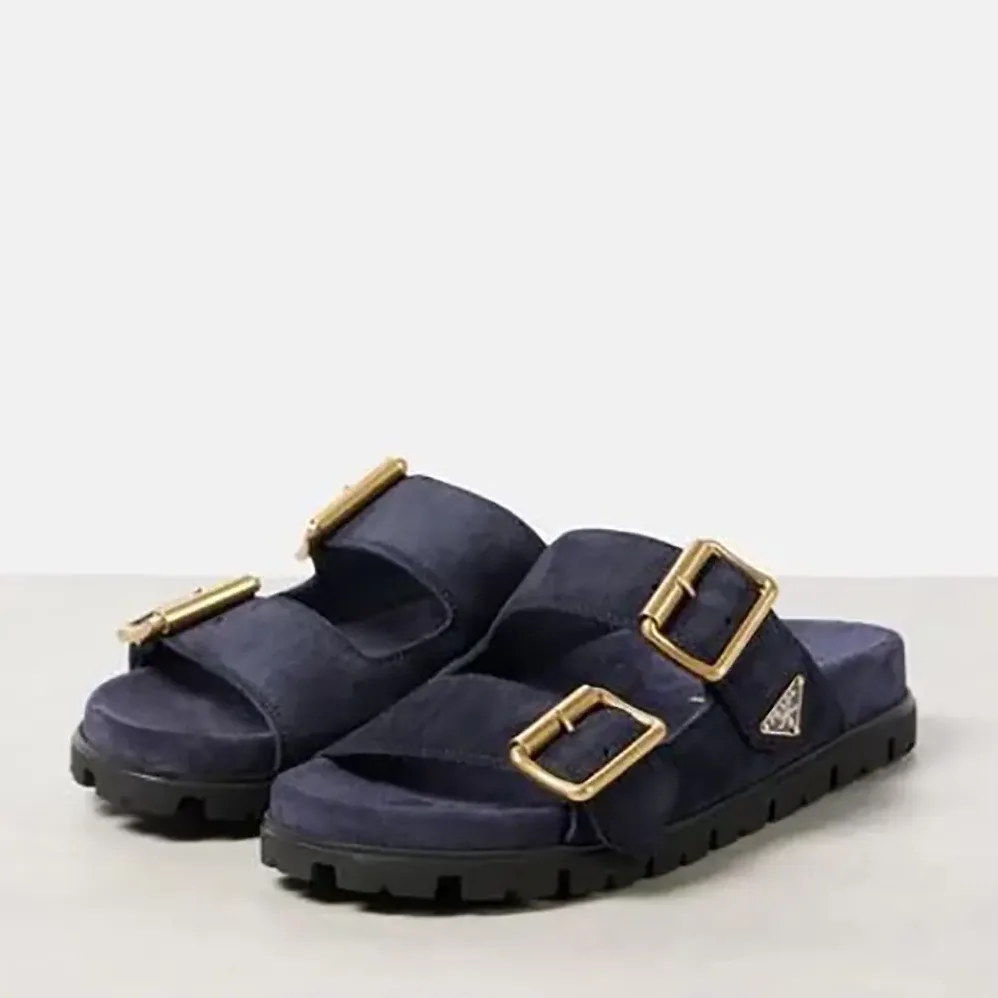 Prada Suede Strap Slides with Metal Buckle for Unisex in Navy Prada Suede Strap Slides with Metal Buckle for Unisex in Navy