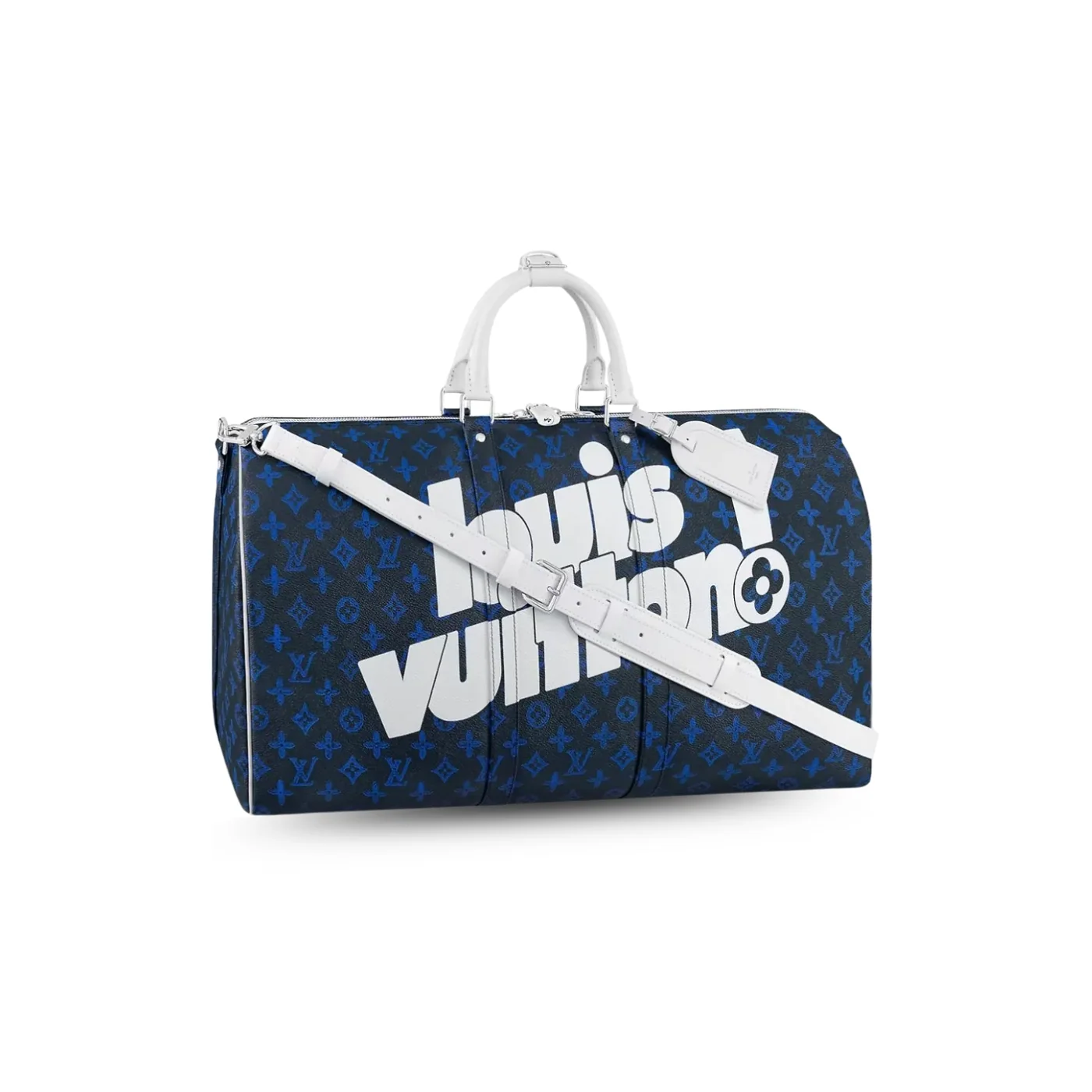 Louis Vuitton Keepall Bandouliere 55 Travel Bag in Blue Silver Hardware