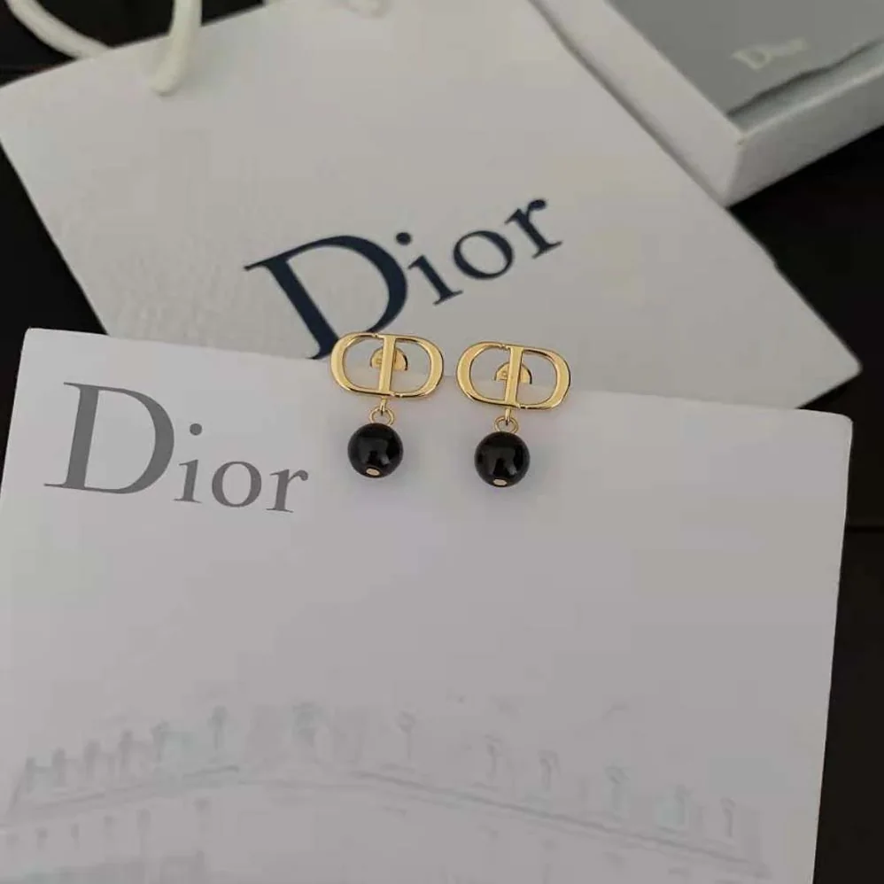 Dior Petit CD Earrings Gold-Finish Metal and Black Resin Pearls for Women Dior Petit CD Earrings Gold-Finish Metal and Black Resin Pearls for Women
