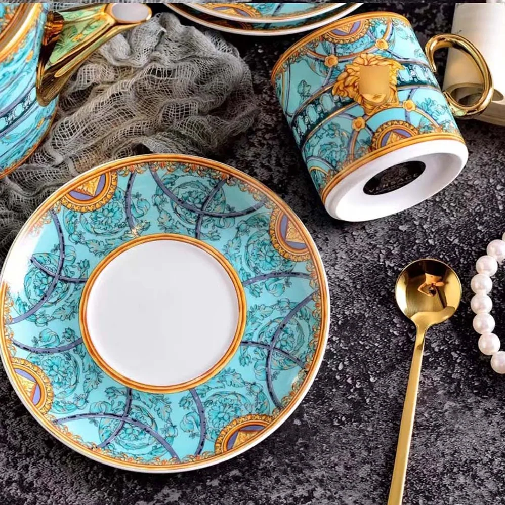Versace Scala Del Palazzo Coffee Set Includes A Coffee Cup with Handle and A Matching Saucer for Unisex in Blue