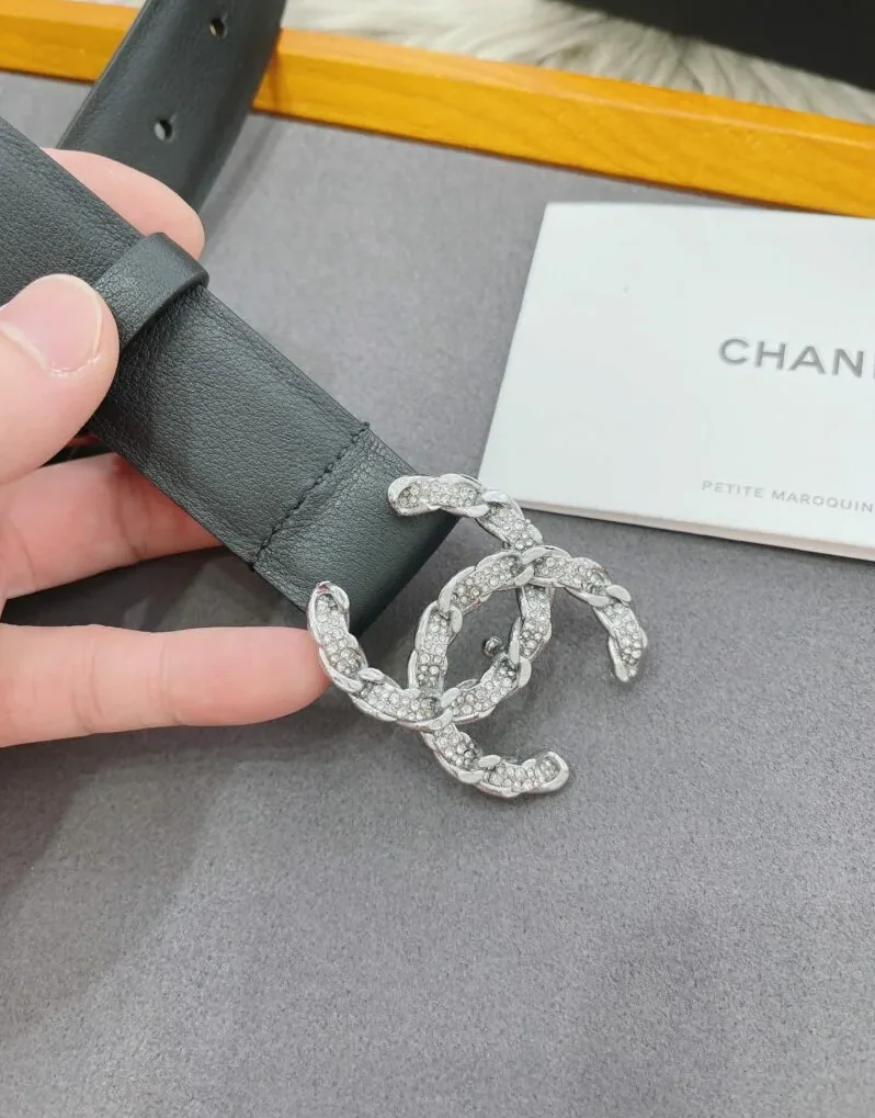 Chanel Shiny Silver Tone Chain Interlocking C Belt Black