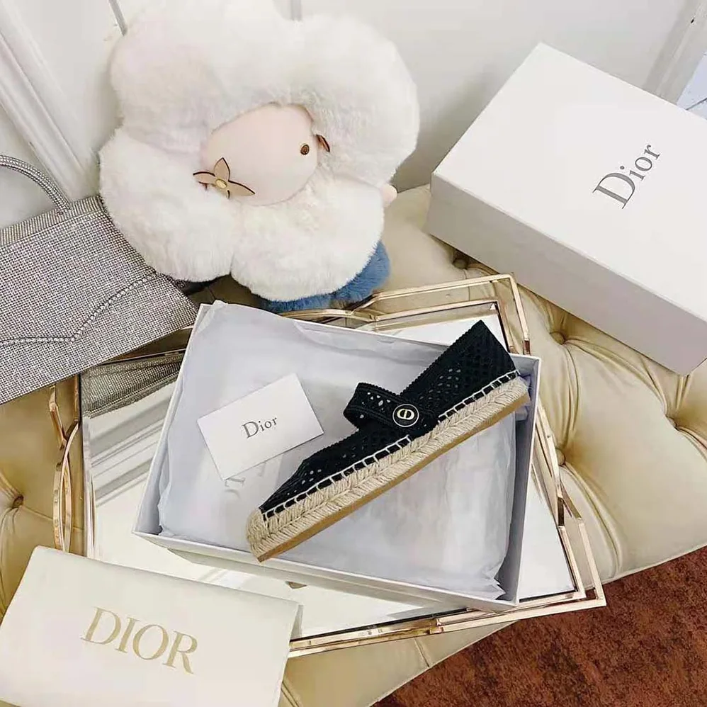 Dior Dior Caro Espadrille Ballerina Flat Black Mesh Embroidery for Women Dior Dior Caro Espadrille Ballerina Flat Black Mesh Embroidery for Women