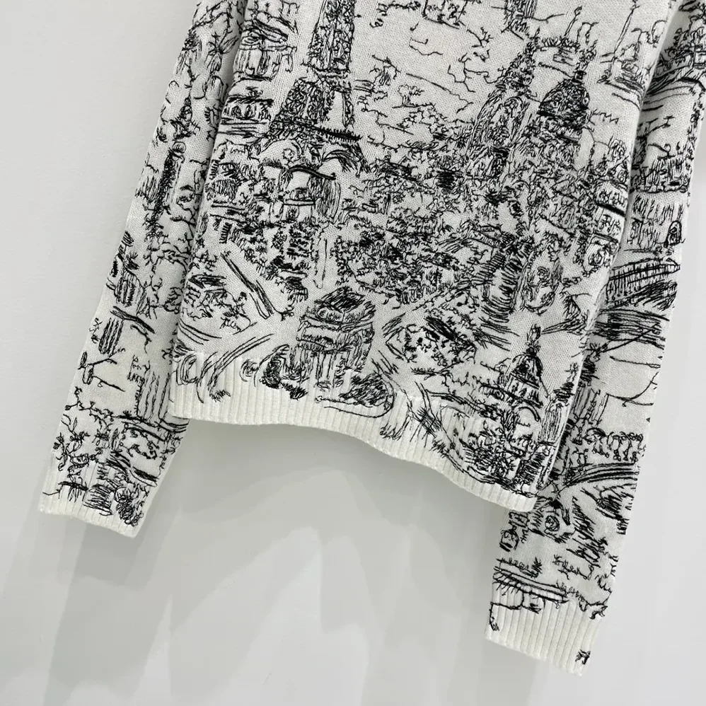 Dior Embroidered Sweater White and Black Cashmere Knit with Paris Allover Motif for Women