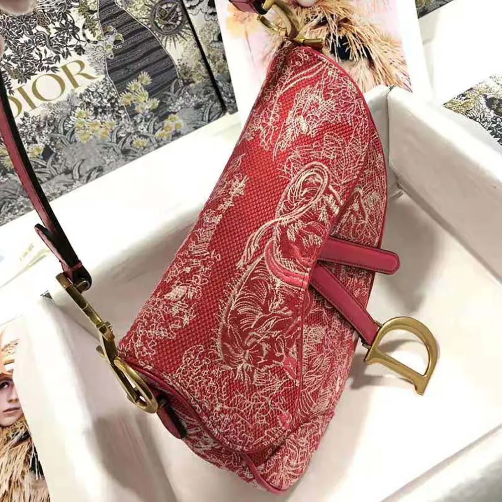 Dior Saddle Bag Toile DE Jouy Reverse Jacquard for Women in Red