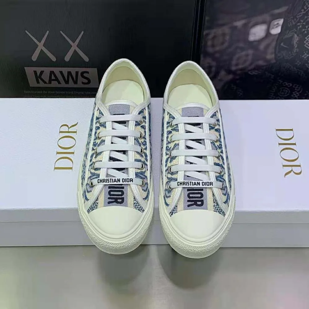 Dior Walk'N'Dior Sneaker Duck Blue Dior Brocart Embroidered Cotton with Gold for Women in Tone Metallic Thread
