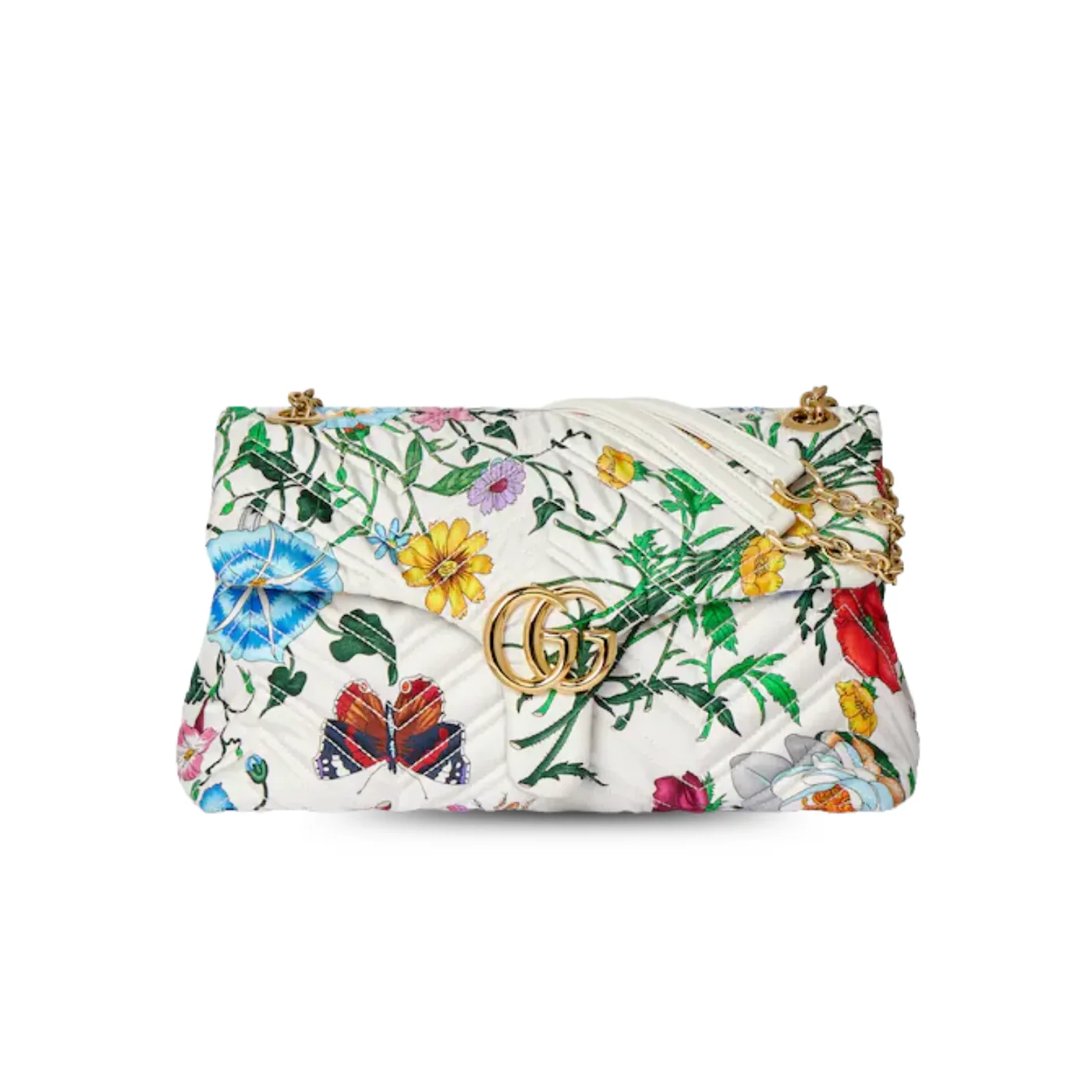 Gucci Marmont Medium Shoulder Bag / White in Multicolor Flora Gold Hardware Gucci Marmont Medium Shoulder Bag / White in Multicolor Flora Gold Hardware