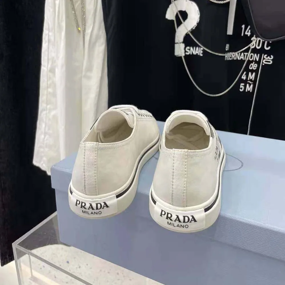 Prada Printed Cotton Gabardine Sneakers for Women in White Prada Printed Cotton Gabardine Sneakers for Women in White