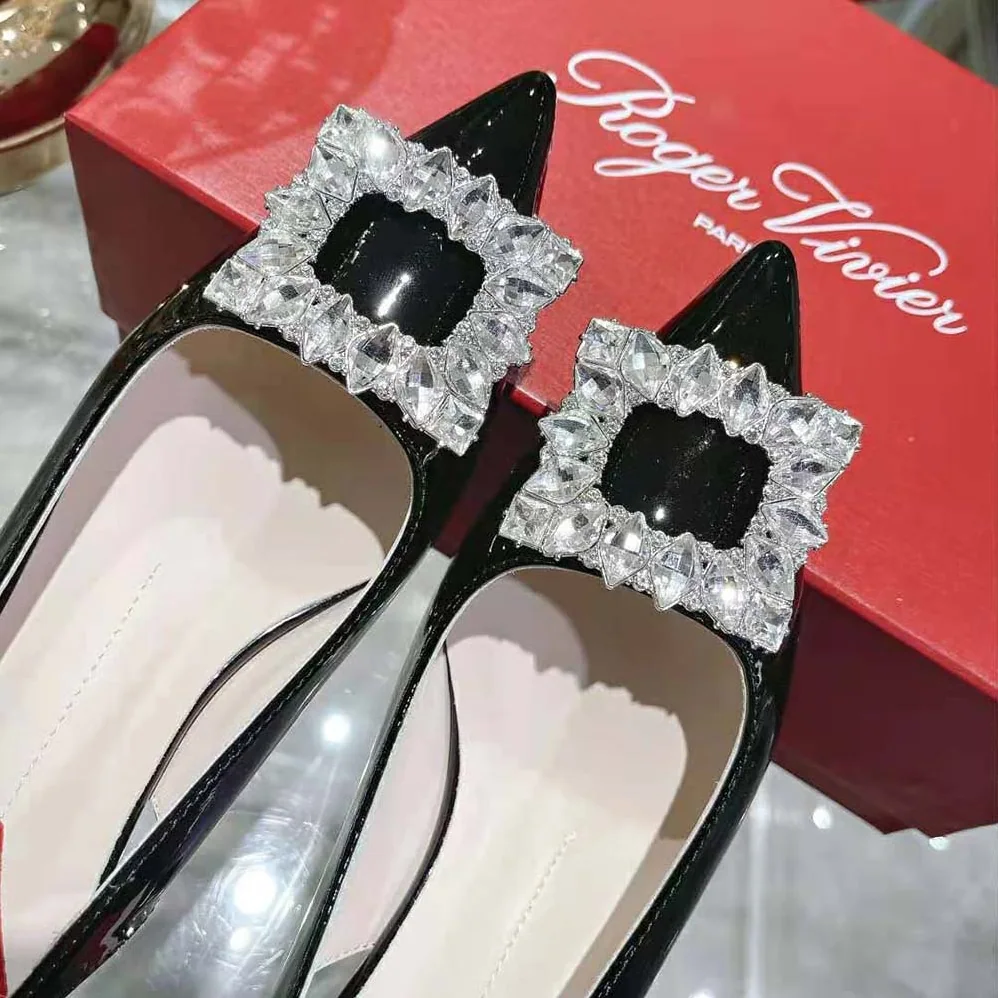 Roger Vivier Virgule Strass Buckle Slingback Pumps in Patent Leather for Women in Black Roger Vivier Virgule Strass Buckle Slingback Pumps in Patent Leather for Women in Black