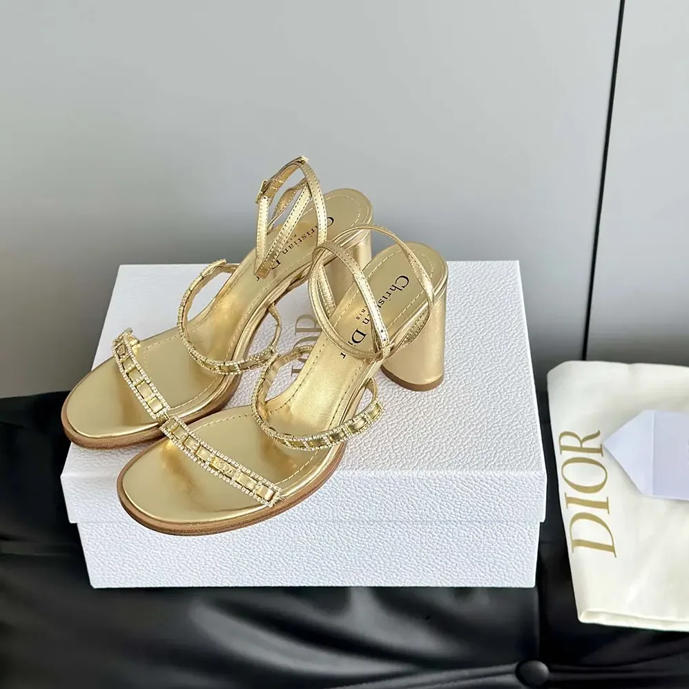 Dior Diorissime Heeled Sandal Gold-Tone Laminated Lambskin and Silver for Women in Tone Strass Dior Diorissime Heeled Sandal Gold-Tone Laminated Lambskin and Silver for Women in Tone Strass