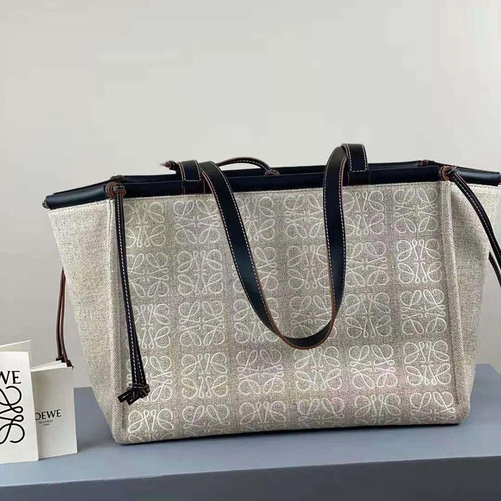Loewe Cushion Tote Bag in Anagram Linen and Calfskin for Women