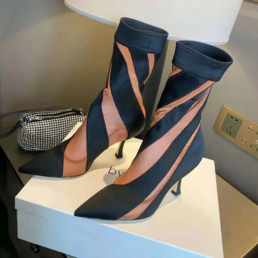 Jimmy Choo Mugler Sock Ankle Boot Black and Dark Nude Sheer Spiral Stretch Fabric for Women Jimmy Choo Mugler Sock Ankle Boot Black and Dark Nude Sheer Spiral Stretch Fabric for Women