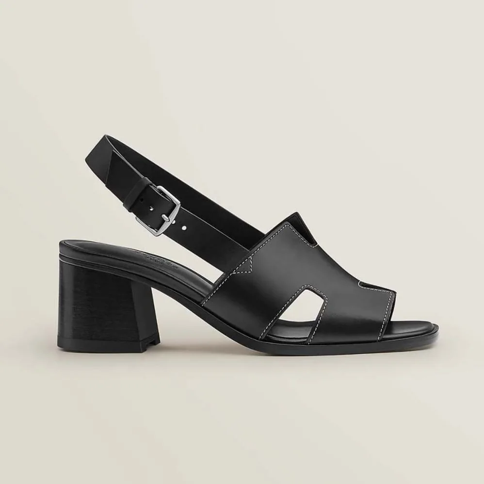 Hermes Elbe 60 Sandal in Calfskin with H Cut-Out Detail for Women in Black Hermes Elbe 60 Sandal in Calfskin with H Cut-Out Detail for Women in Black