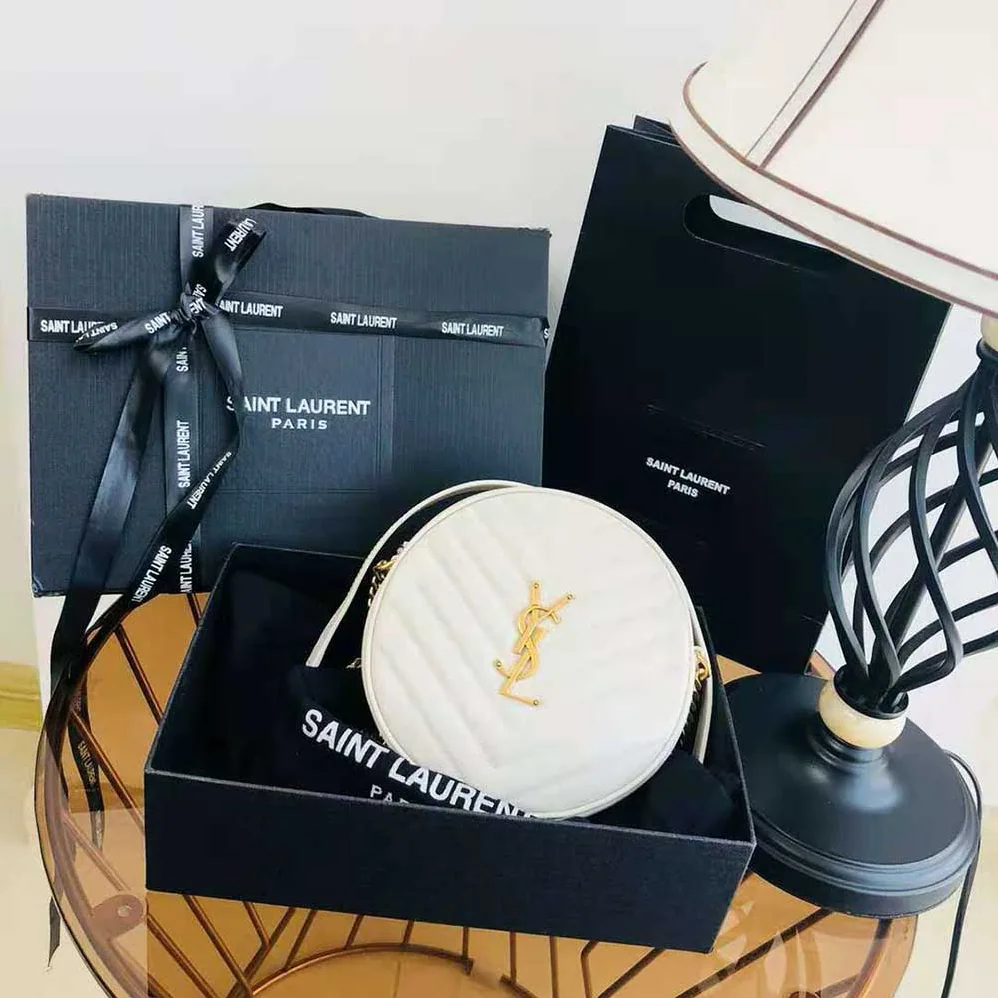 Saint Laurent YSL Vinyle Round Camera Bag in Chevron-Quilted Grain de Poudre Embossed Leather for Women in White