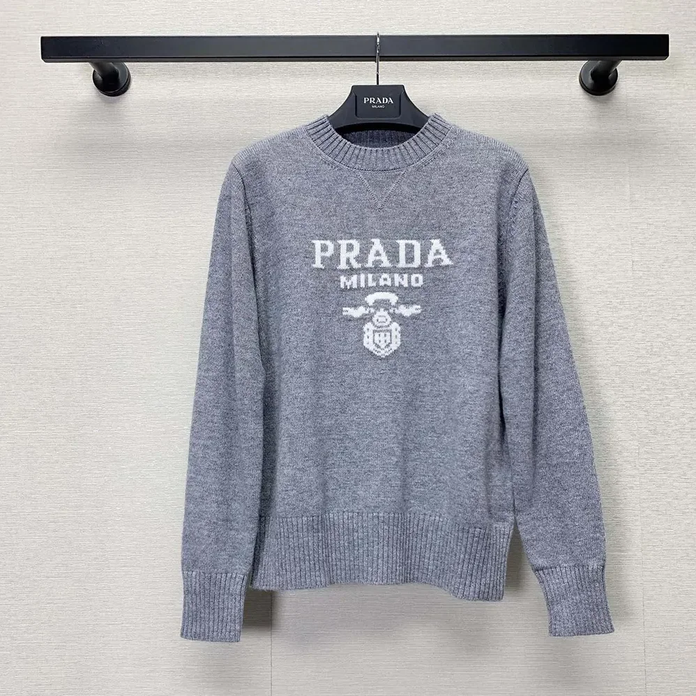 Prada Cashmere and Wool Prada Logo Crew-neck Sweater for Men in Silver