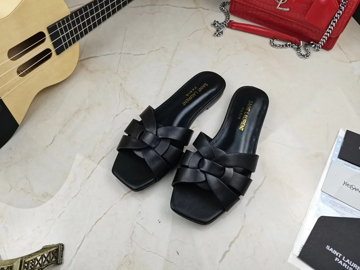 Saint Laurent Tribute Flat Mules Black YSL Saint Laurent Tribute Flat Mules Black YSL