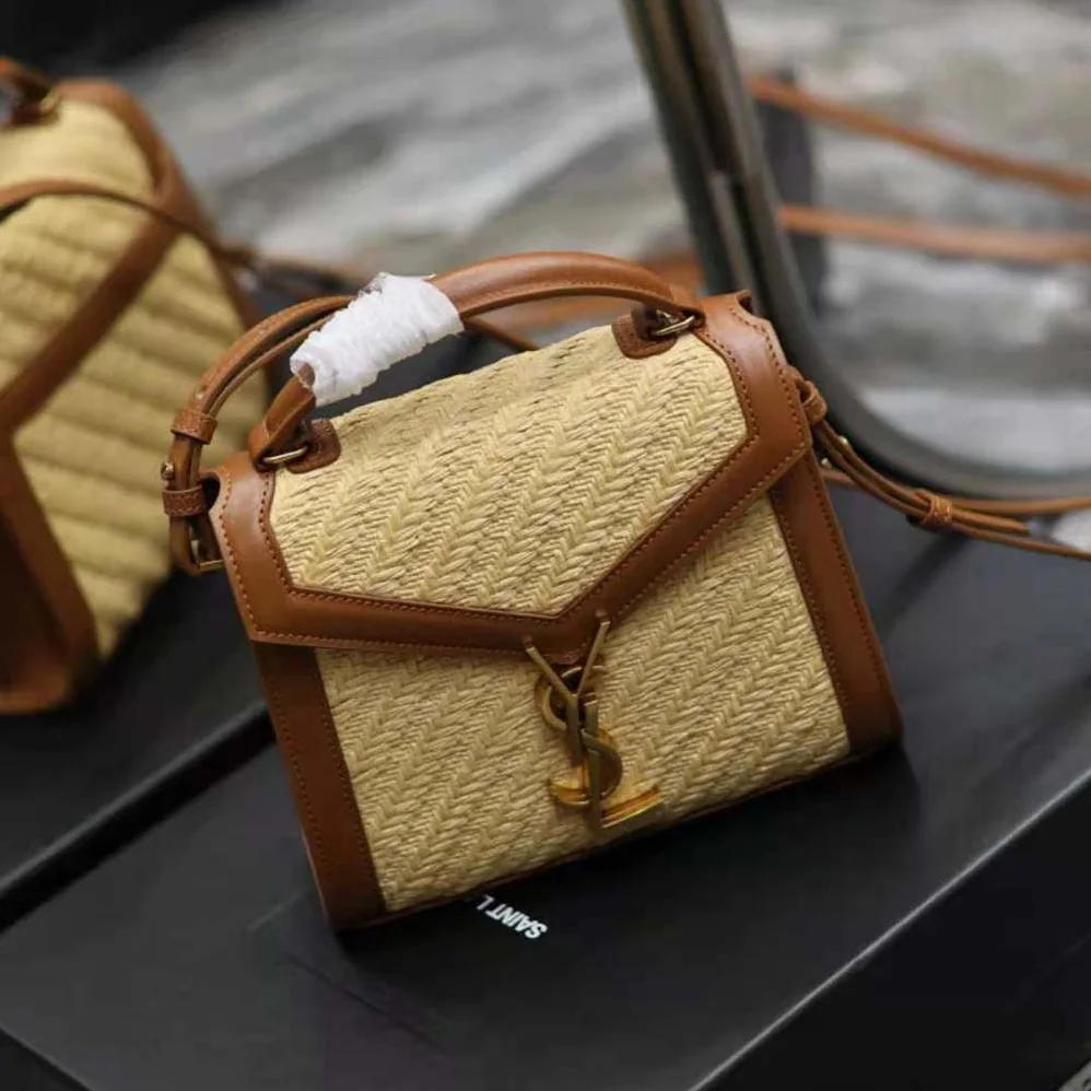 Saint Laurent YSL Cassandra Mini Top Handle Bag in Raffia and Vegetable for Women in tanned Leather Saint Laurent YSL Cassandra Mini Top Handle Bag in Raffia and Vegetable for Women in tanned Leather