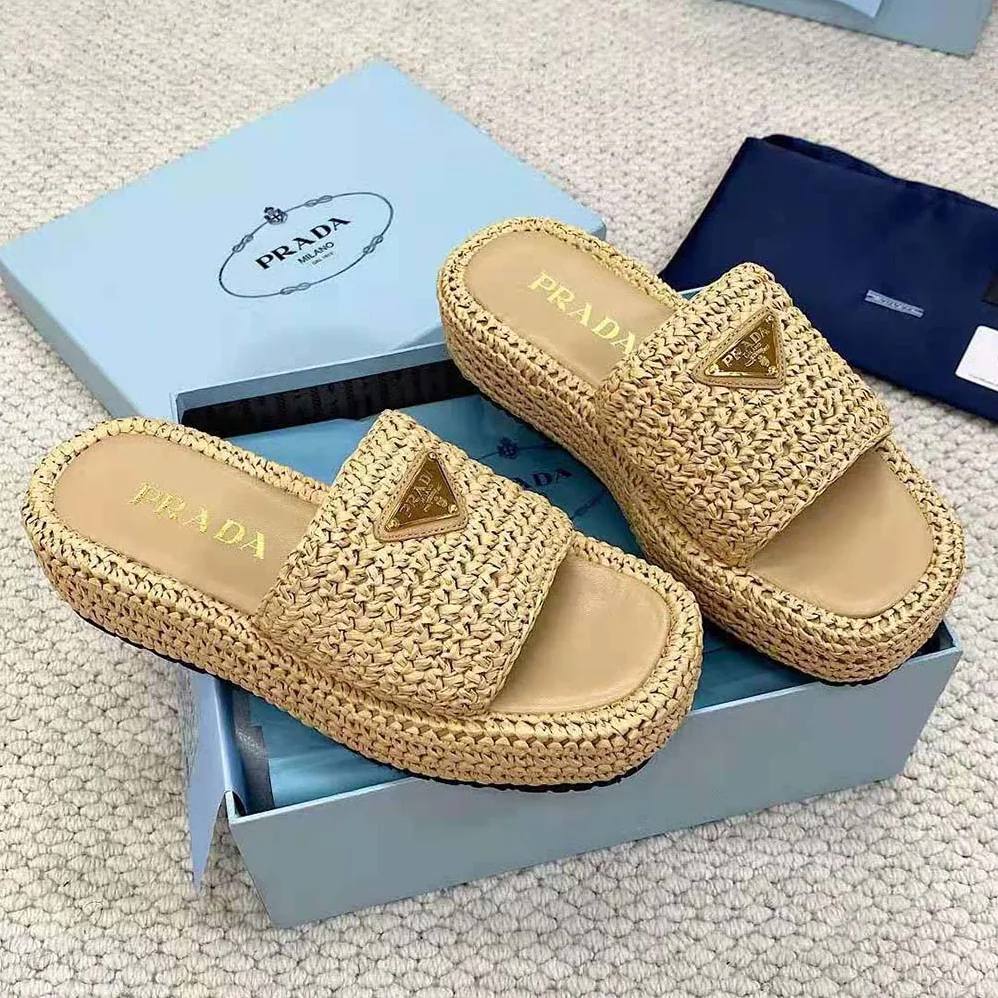 Prada Crochet Flatform Slides with Enameled Metal Triangle Logo for Women in Beige Prada Crochet Flatform Slides with Enameled Metal Triangle Logo for Women in Beige