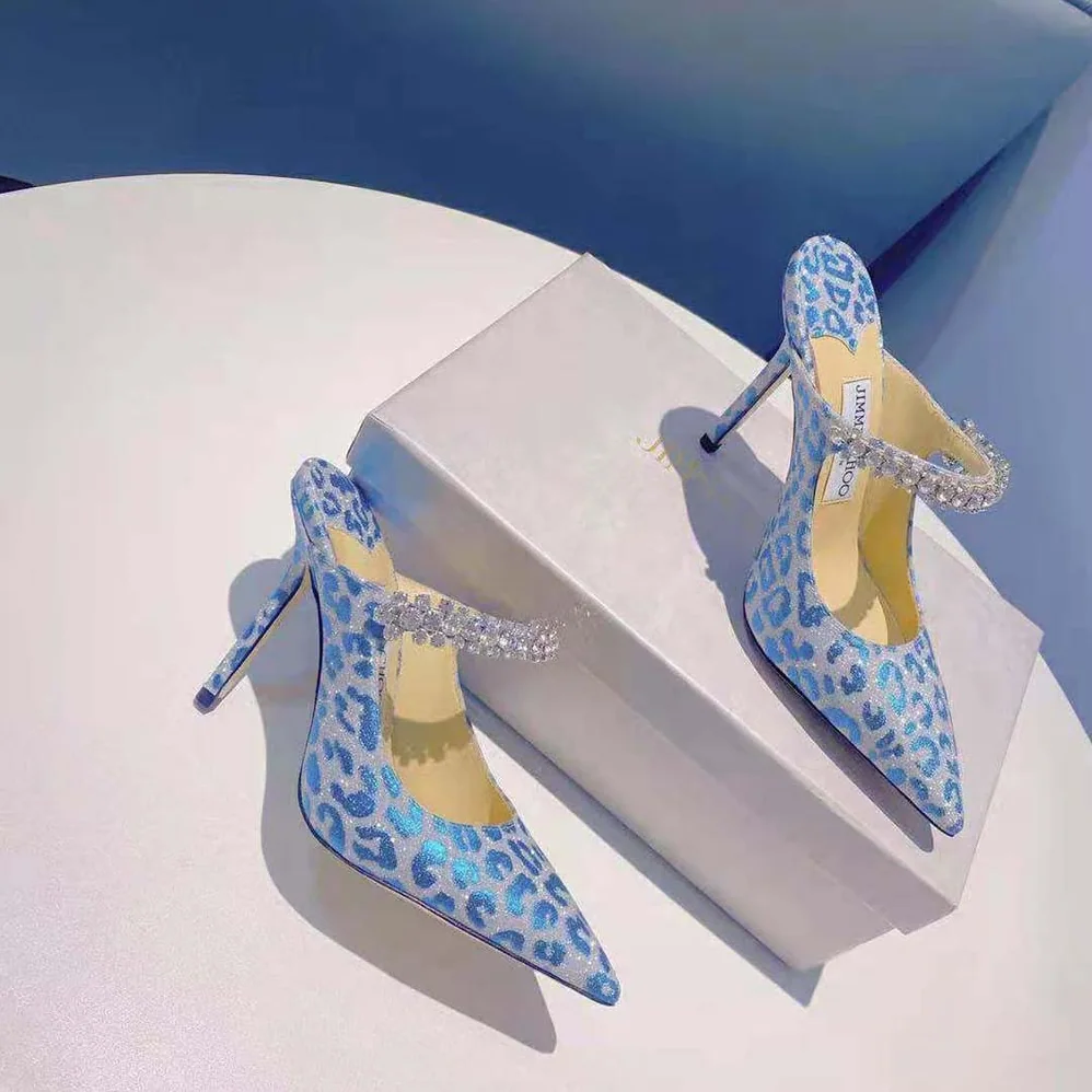 Jimmy Choo Bing 100 Butterfly Blue Leopard Print Glitter Mules with Crystal Strap for Women