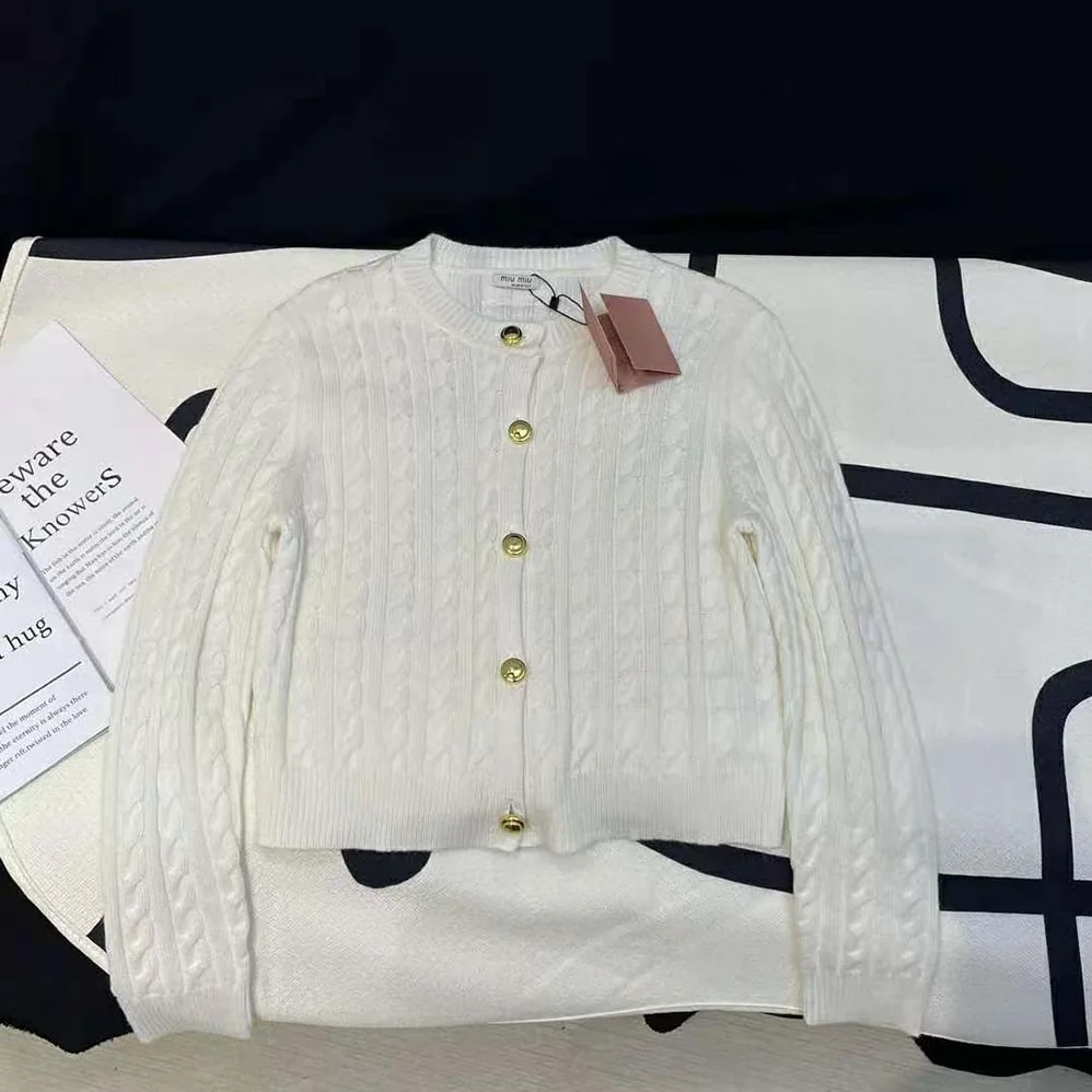 Miu Miu Cashmere Cardigan with Knit Logo Patch for Women Miu Miu Cashmere Cardigan with Knit Logo Patch for Women
