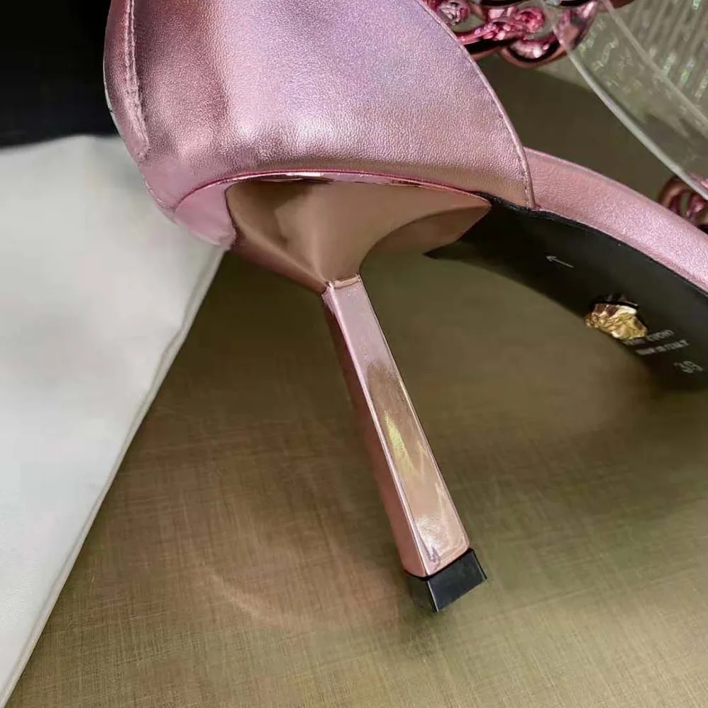 Versace Medusa Chain Suede Sandals in 11cm Heel for Women in Pink Versace Medusa Chain Suede Sandals in 11cm Heel for Women in Pink