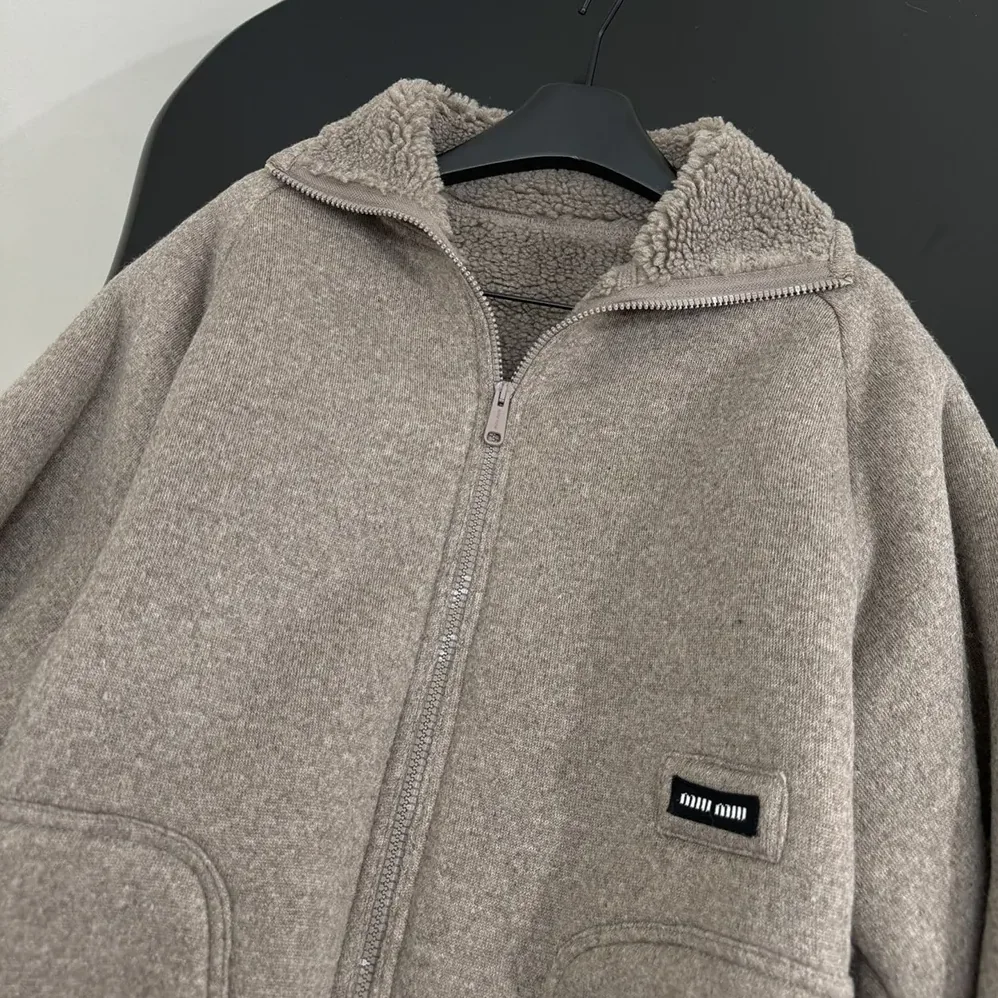 Miu Miu Cotton Fleece Zipper Blouson Jacket for Women Miu Miu Cotton Fleece Zipper Blouson Jacket for Women