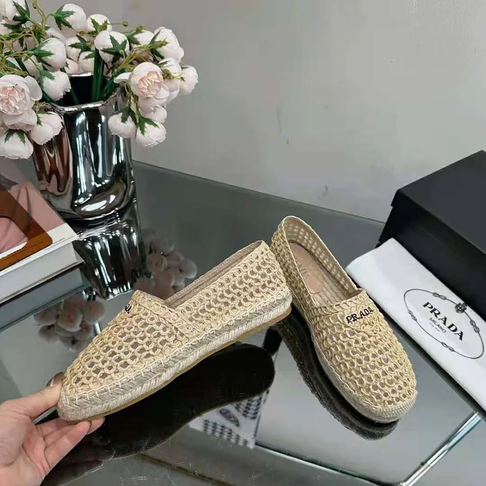 Prada Crochet Espadrilles with Embroidered Logo for Women in Beige