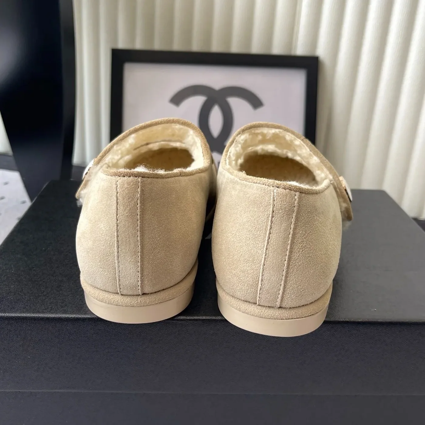 Chanel Mary Jane Flats Beige Suede Shearling Chanel Mary Jane Flats Beige Suede Shearling