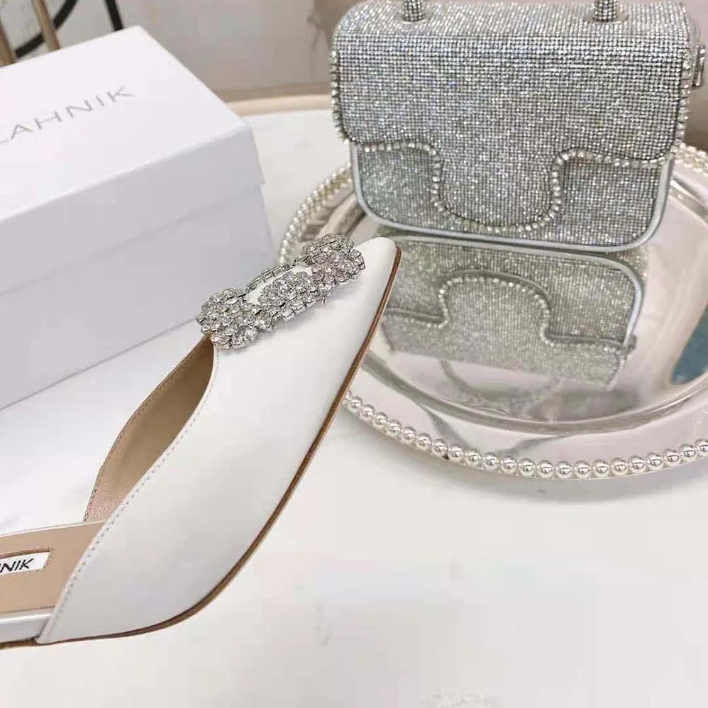Manolo Blahnik Off-White Satin Jewel Buckle Mules for Women