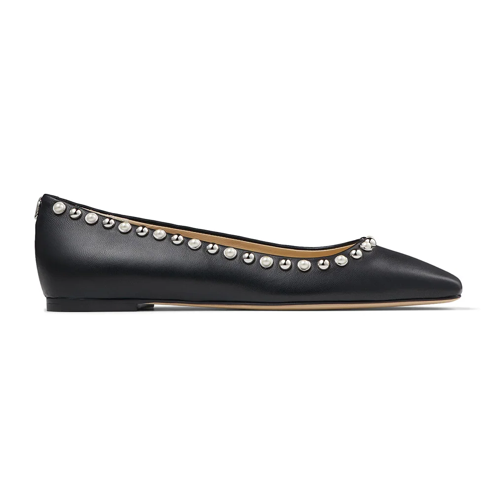 Jimmy Choo Mirele Flat Black Nappa Leather Flats with Pearl Outline for Women Jimmy Choo Mirele Flat Black Nappa Leather Flats with Pearl Outline for Women