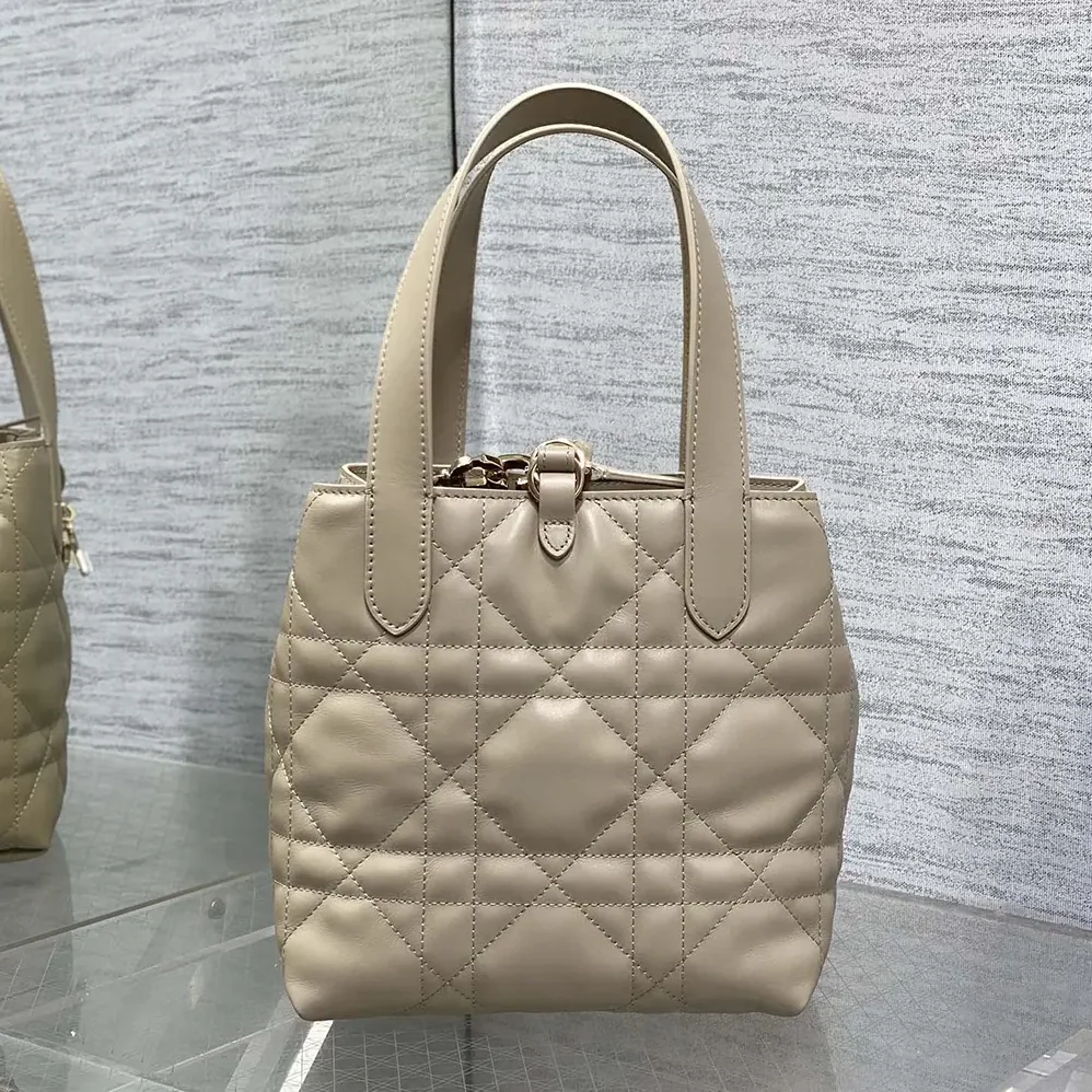 Dior Small Dior Toujours Vertical Tote Bag Powder Beige Macrocannage Calfskin for Women