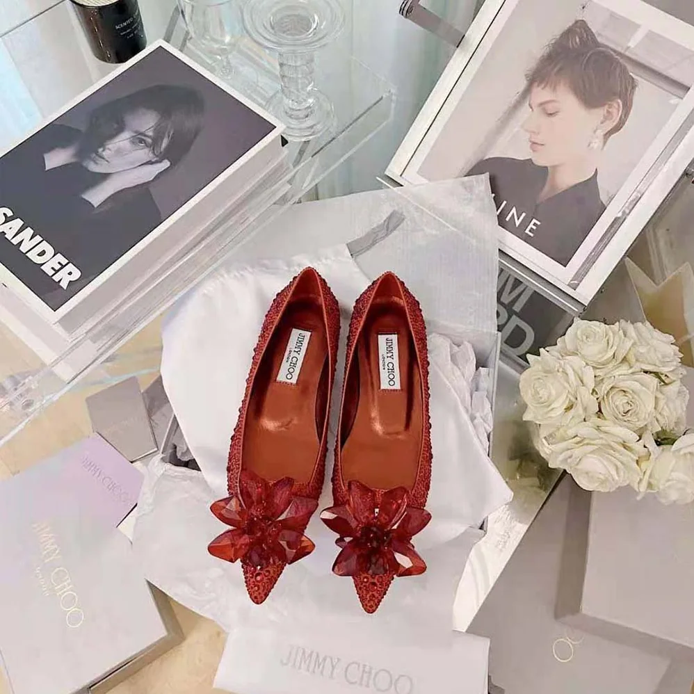 Jimmy Choo Attila Red Crystal Covered Pointy Toe Flats for Women Jimmy Choo Attila Red Crystal Covered Pointy Toe Flats for Women