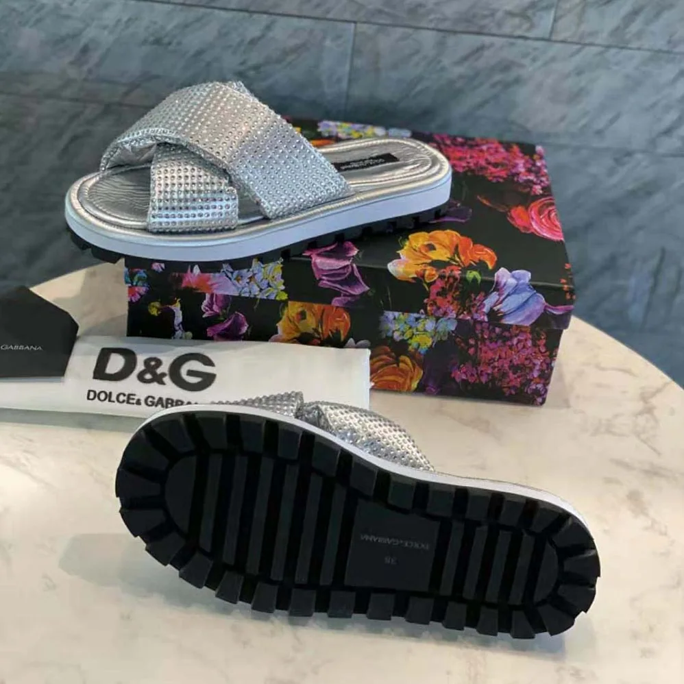 Dolce Gabbana D&G Padded Nylon Sliders with Fusible Rhinestones for Women Dolce Gabbana D&G Padded Nylon Sliders with Fusible Rhinestones for Women