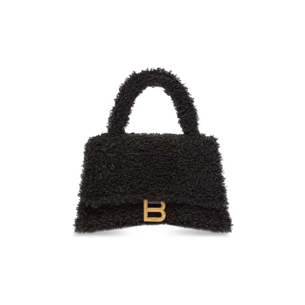 Balenciaga Furry Hourglass Small Handbag with Strap in Black for Women Balenciaga Furry Hourglass Small Handbag with Strap in Black for Women