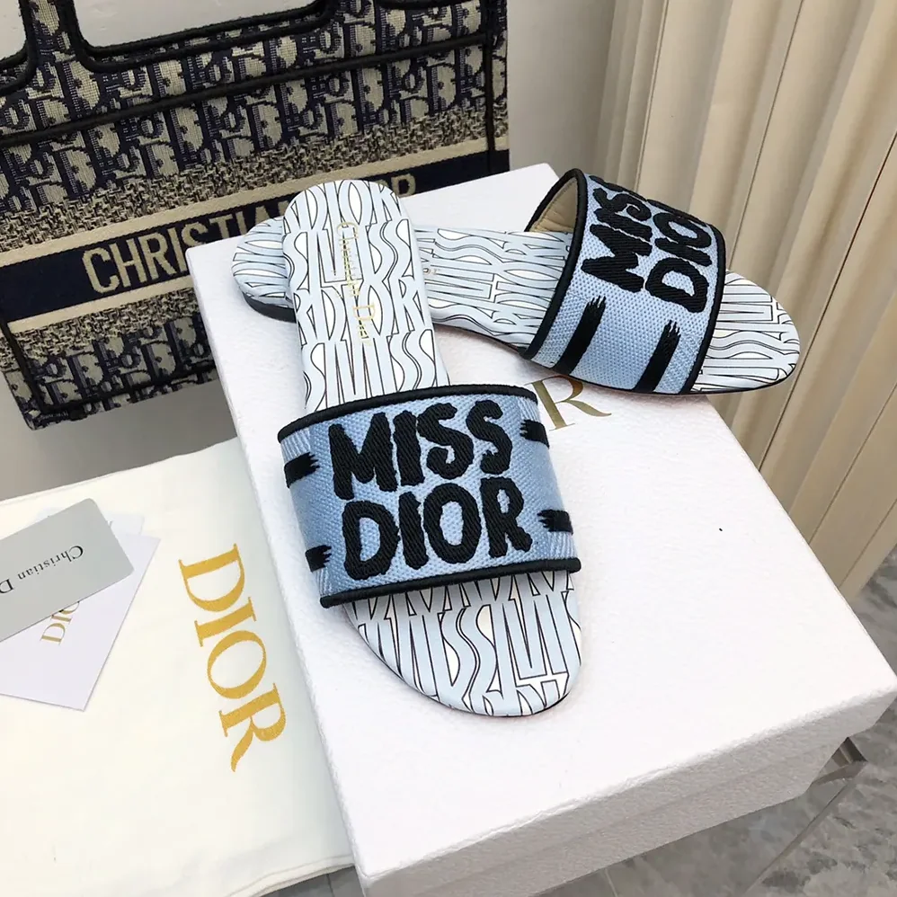 Dior Dway Slide Embroidered Cotton and Pale Blue Miss Dior Allover Motif for Women