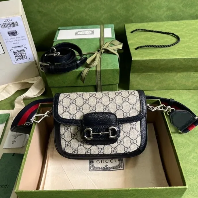 Gucci Horsebit 1955 GG Mini Bag Beige And Blue Supreme Canvas / Gucci Horsebit 1955 GG Mini Bag Beige And Blue Supreme Canvas /