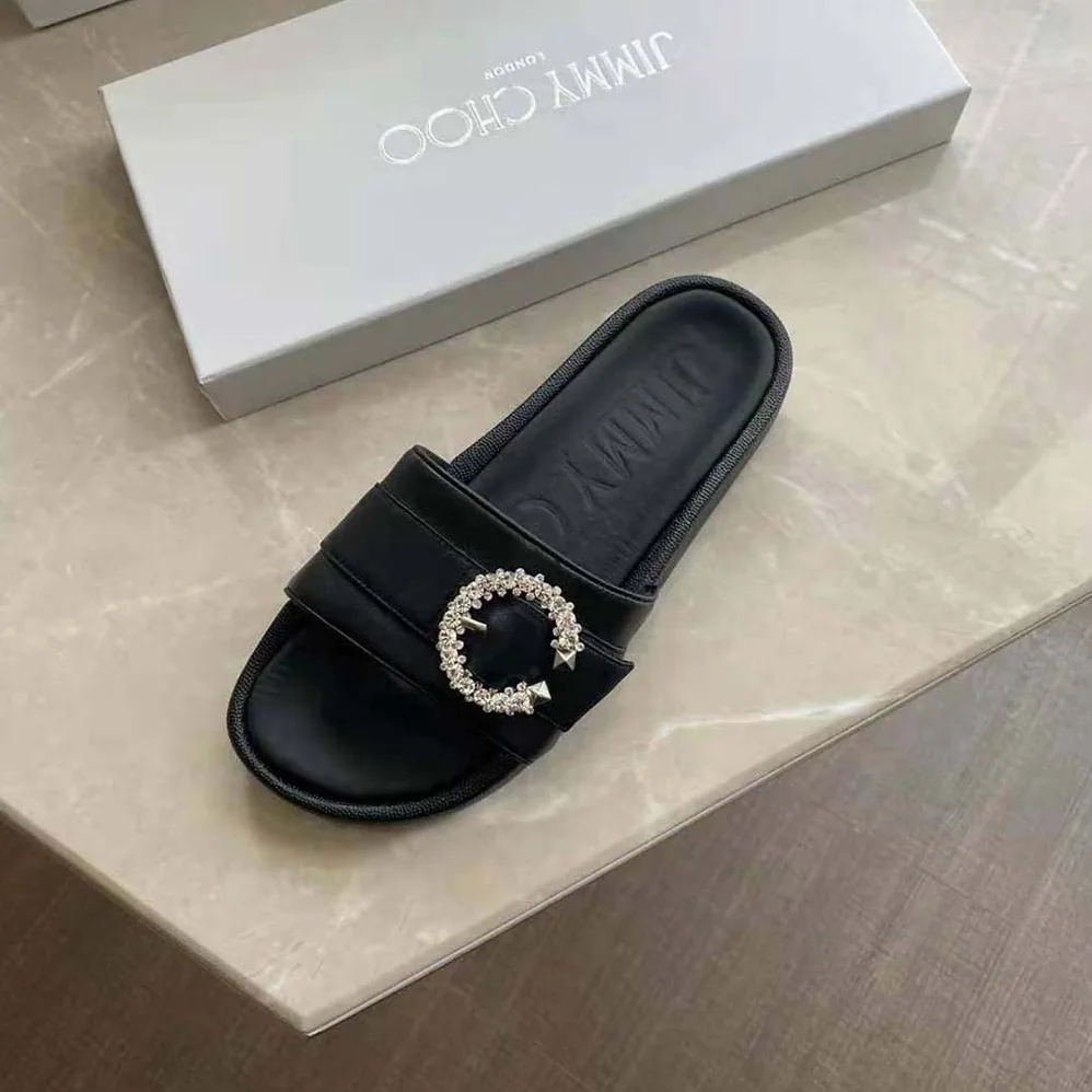 Jimmy Choo Fallon Black Nappa Leather Slides with Crystal Buckle for Women