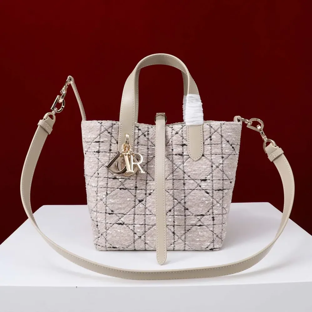 Dior Small Dior Toujours Vertical Tote Bag Beige Tweed with Black Cannage Motif for Women