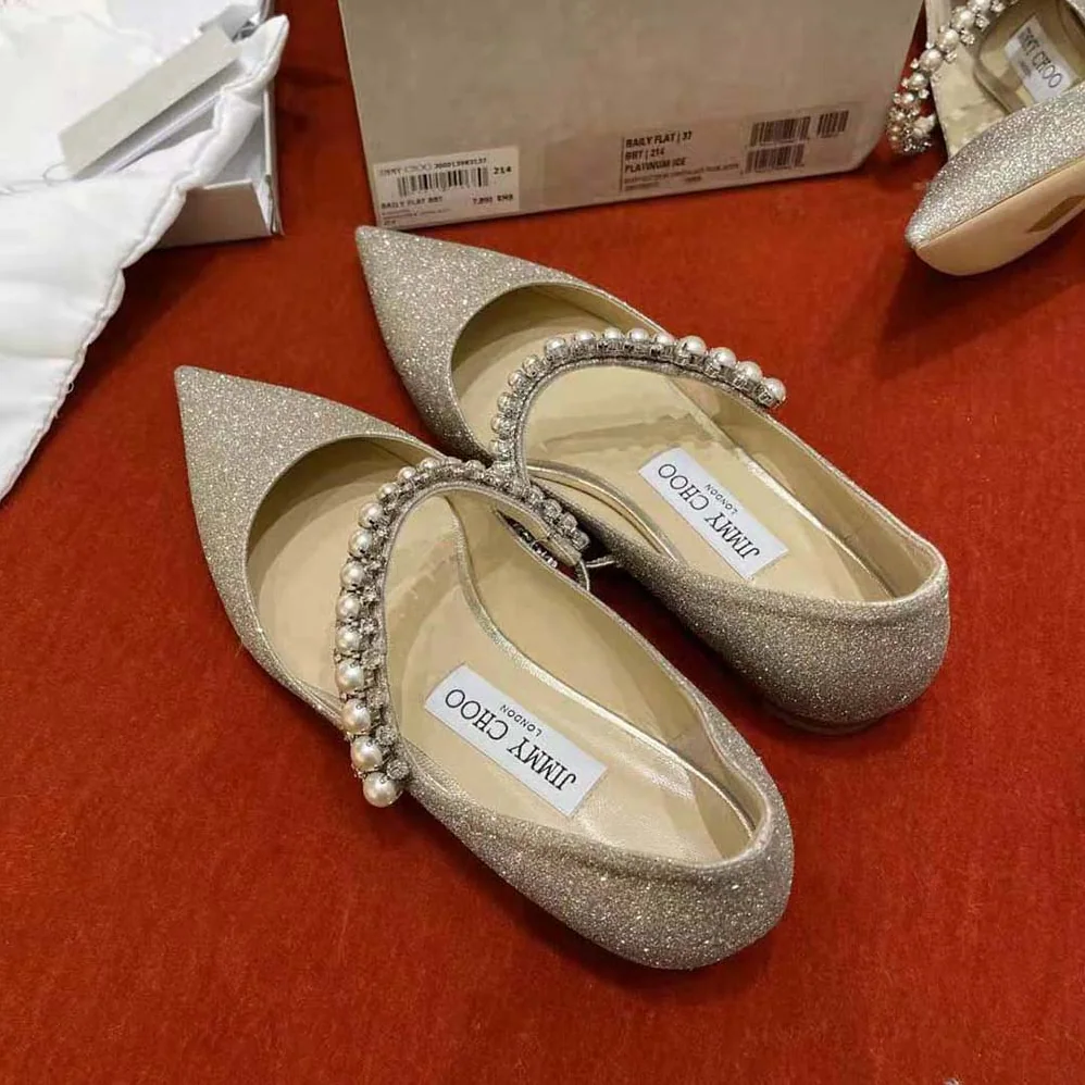 Jimmy Choo Baily Flat Platinum Ice Dusty Glitter Flats with Crystal and Pearl Strap for Women Jimmy Choo Baily Flat Platinum Ice Dusty Glitter Flats with Crystal and Pearl Strap for Women