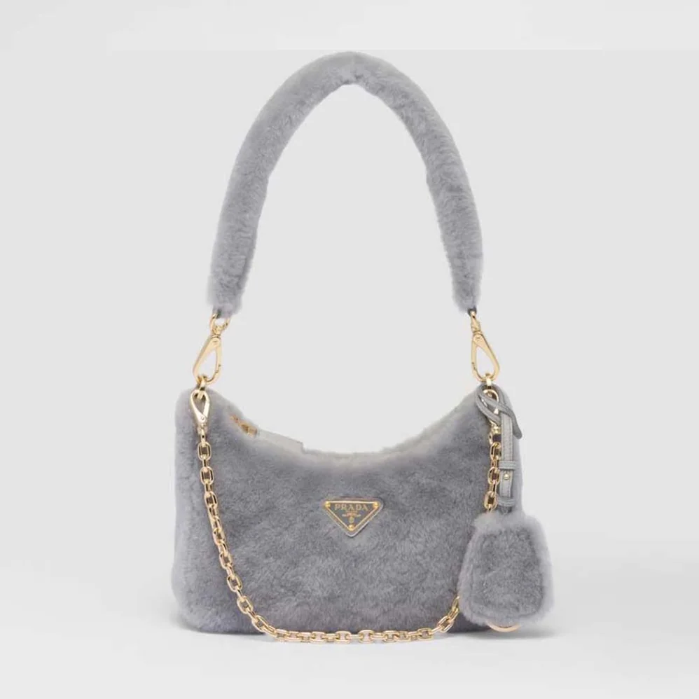 Prada Shearling Mini-Bag with the Enameled Metal Triangle Logo for Women in Silver